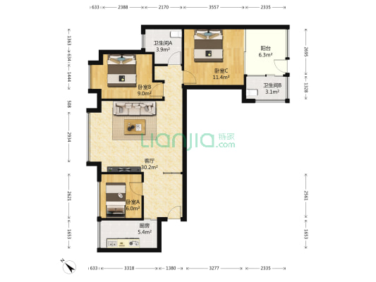 碧海富通城五期 3室1厅2卫 84平方