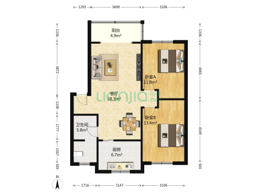 康达园B区 2室1厅1卫 86平方