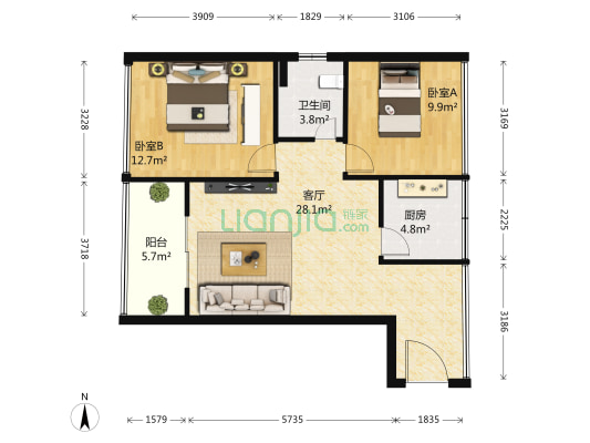 凯德公园1号 2室1厅1卫 89平方