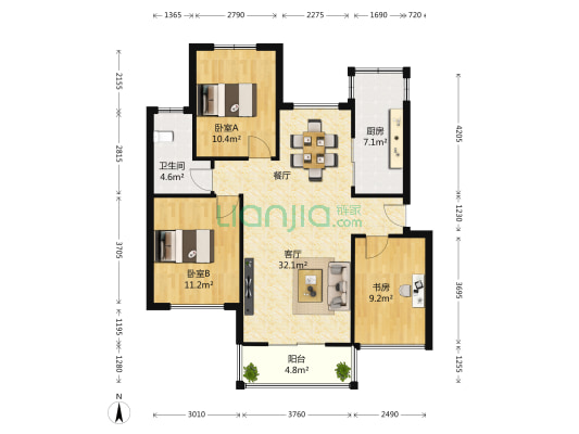 兆麟育龙湾 3室1厅1卫 107平方