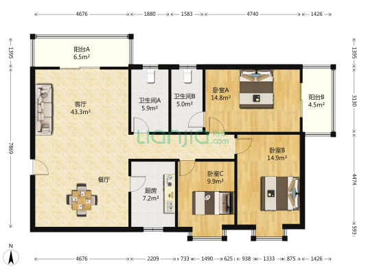芳林园 3室1厅2卫 140平方