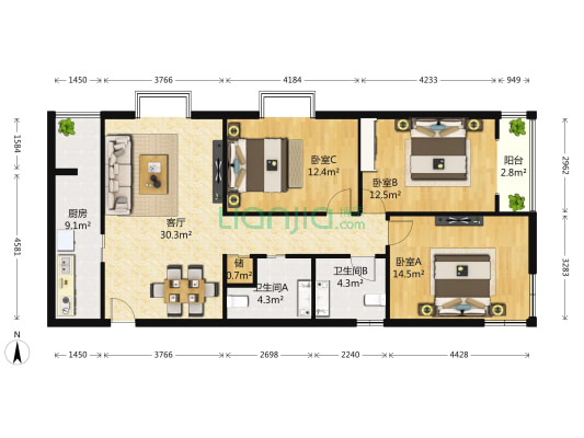裕隆园 3室1厅2卫 137平方