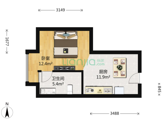 领骏世界 1室0厅1卫 44平方