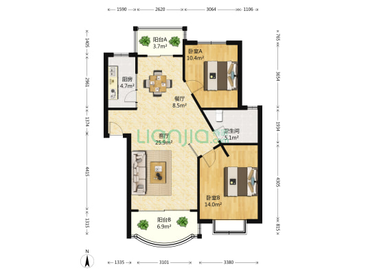 泰宸新苑 2室2厅1卫 93平方