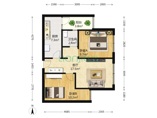 蓝光COCO金沙三期 2室1厅1卫 52平方