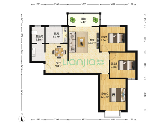 瀚海晴洲 3室2厅1卫 117平方