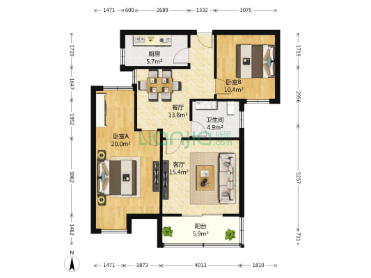 长航蓝晶国际A区 2室2厅1卫 95平方