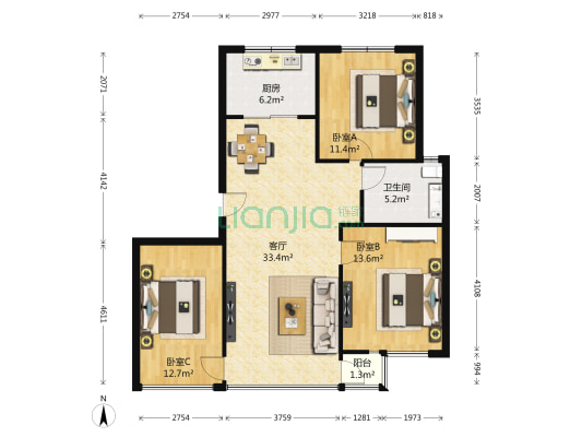 鹏辉新世纪三期 3室1厅1卫 115平方