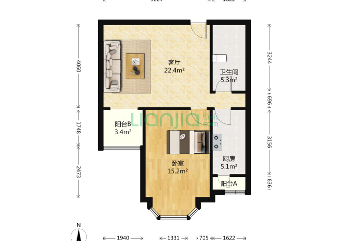 1室1厅1卫65.44㎡-北京山水蓝维户型图