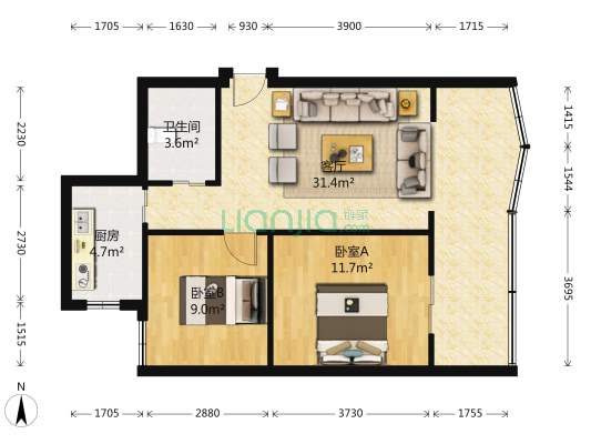 绿园小区 2室1厅1卫 65平方