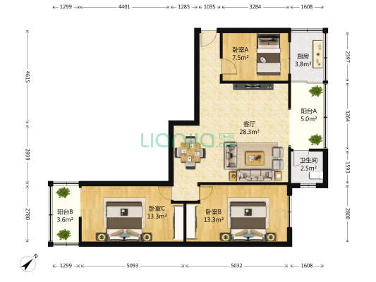 外化成二环路西三段60号 3室1厅1卫 90平方