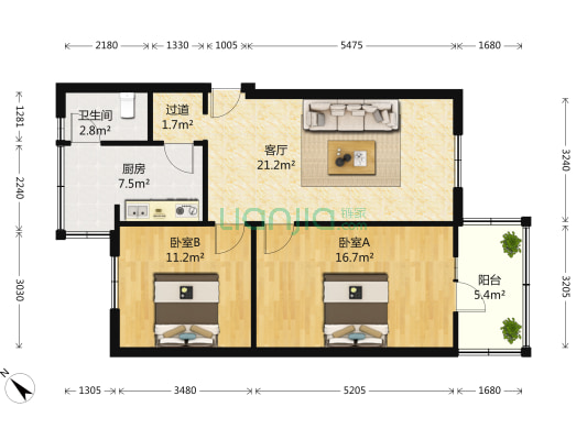 帘官公所街73号 2室1厅1卫 74平方