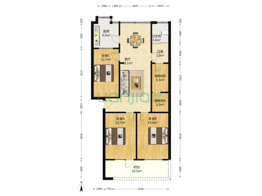省工行宿舍 3室1厅1卫 121平方