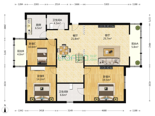 东盛园 3室2厅2卫 132平方
