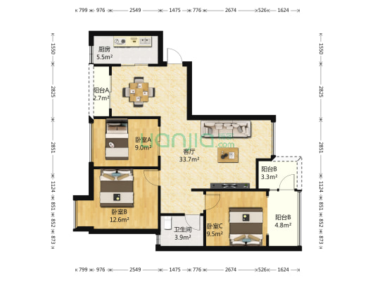 橙郡二期 3室1厅1卫 88平方
