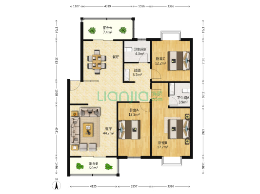 省检察院职工楼 3室1厅2卫 128平方