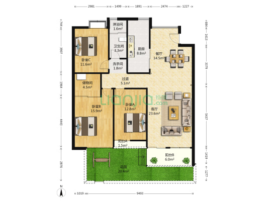 风华天城祺善坊 3室2厅3卫 133平方
