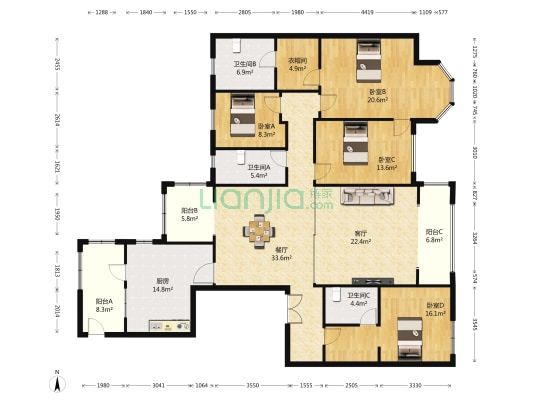 中海城南一号二期 4室2厅3卫 193平方