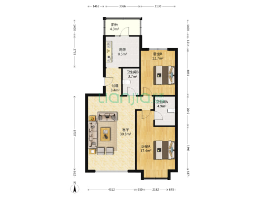 新世界花园朗怡居 2室1厅2卫 107平方