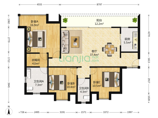 万科五龙山九墅 3室1厅2卫 134平方