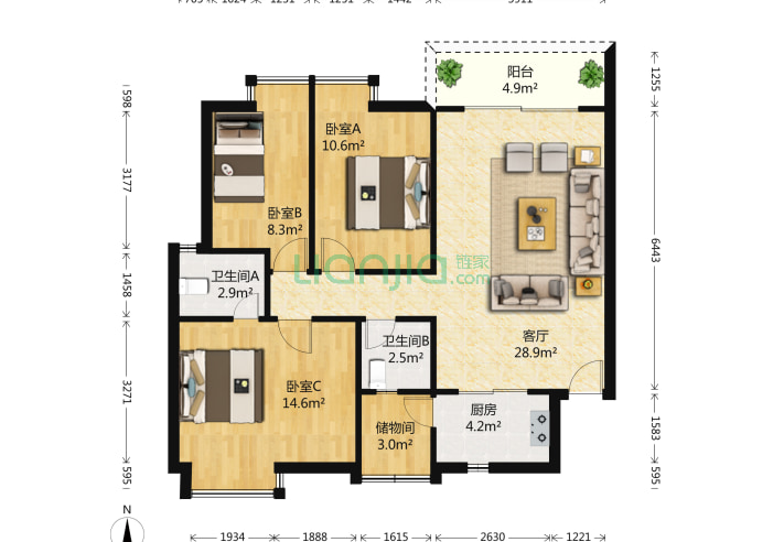 理想家园 3室1厅2卫 98㎡ 户型