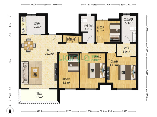 万科都荟南苑B区 4室1厅2卫 131平方