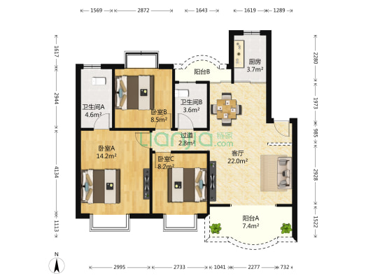 大信花园 3室1厅2卫 93平方
