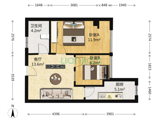 中南国际城 2室1厅1卫 53平方