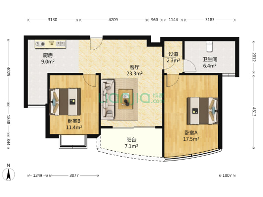 花园城 2室1厅1卫 97平方