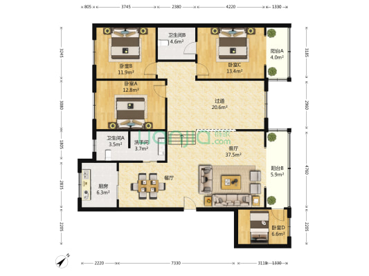华兴苑A区 4室1厅3卫 163平方