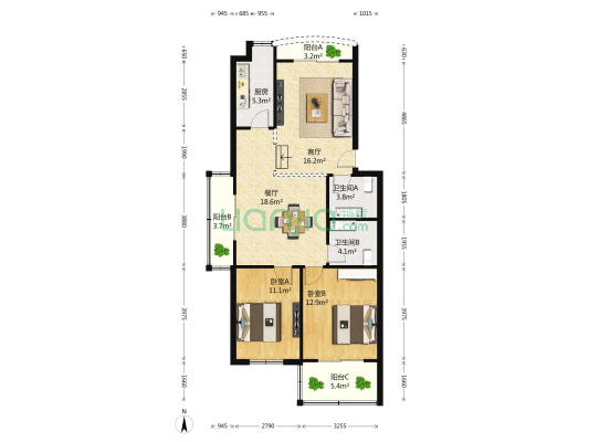 碧水花园 2室2厅2卫 102平方