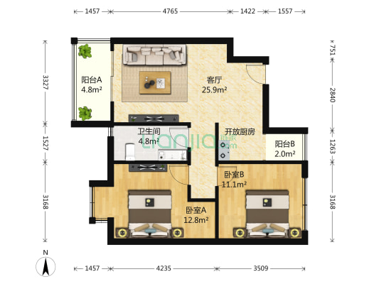 西城丽景 2室1厅1卫 79平方