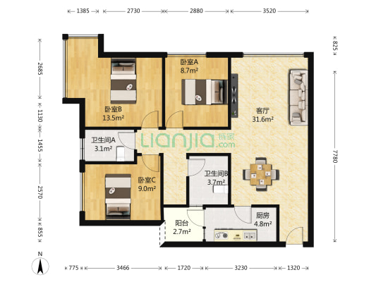 佳年华新生活 3室1厅2卫 89平方