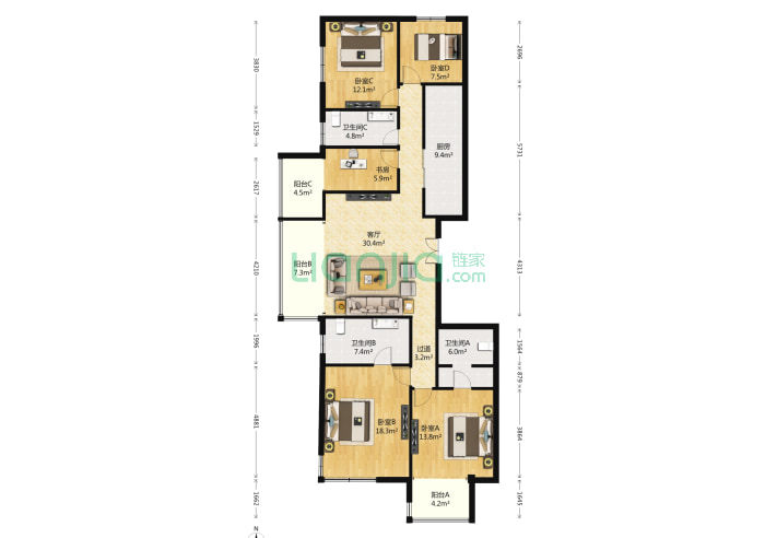 5室1厅3卫198.94㎡-北京紫金长安户型图