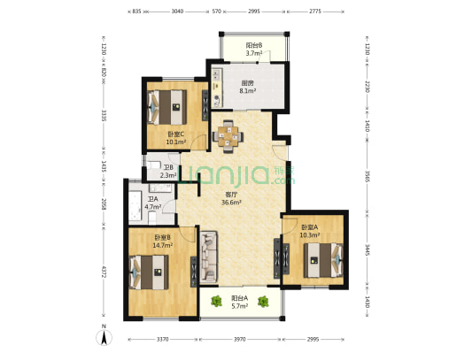 金苹果花园 3室1厅2卫 123平方