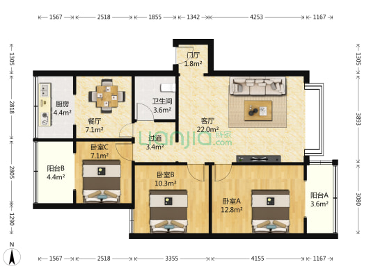 蓝泰公寓 3室2厅1卫 106平方