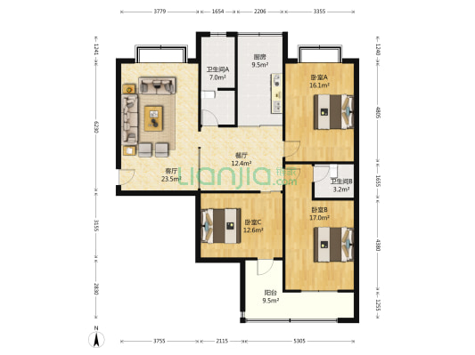 清华园小区东区 3室2厅2卫 138平方