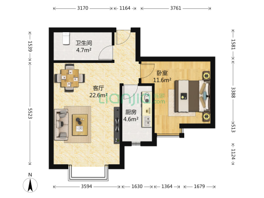 首创爱这城一二期 1室1厅1卫 63平方