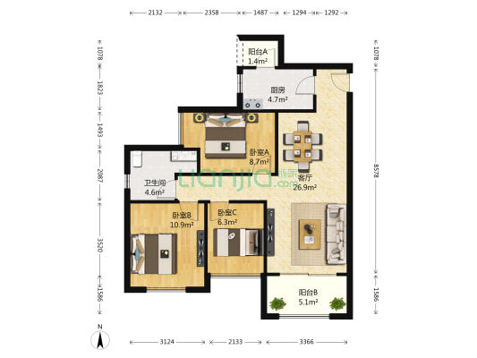 保利城一期 3室1厅1卫 92平方