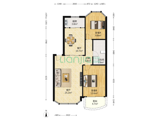 中山公寓 2室2厅1卫 101平方