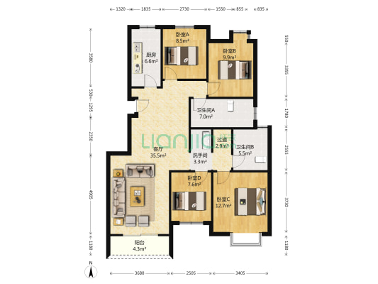 学府瑞苑 4室1厅3卫 137平方