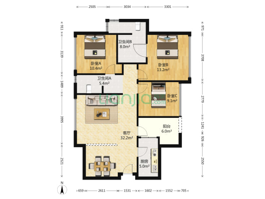 锦江逸家 3室1厅2卫 86平方