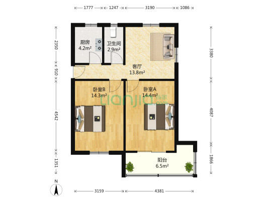 蚕花园永安坊 2室1厅1卫 70平方
