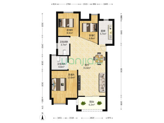 翡翠城1期 3室1厅2卫 119平方