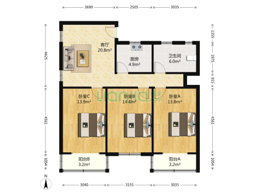 南天大楼 3室1厅1卫 120平方