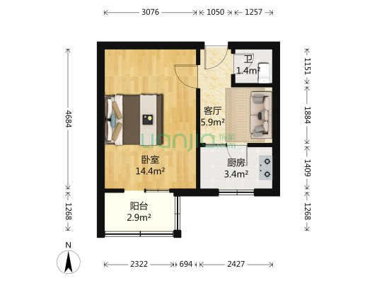 报国寺东夹道1号东院 1室1厅1卫 38平方