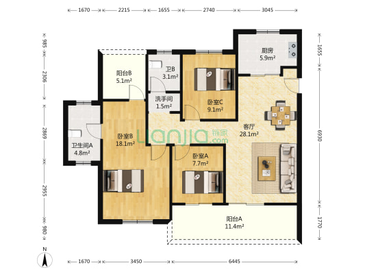 新城香悦澜山 3室1厅3卫 121平方