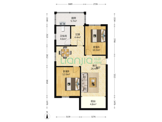 北仓中里2号院 2室1厅1卫 90平方