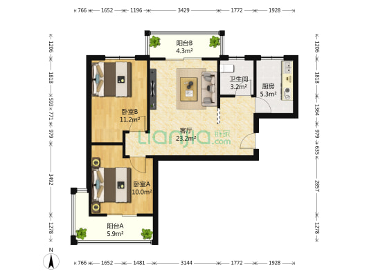 颐和家园 2室1厅1卫 76平方