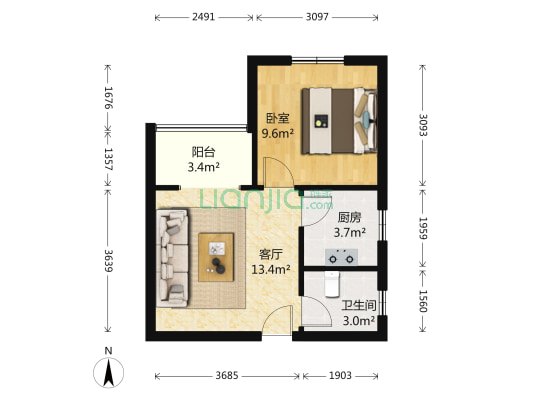 灞业大境 1室1厅1卫 48平方